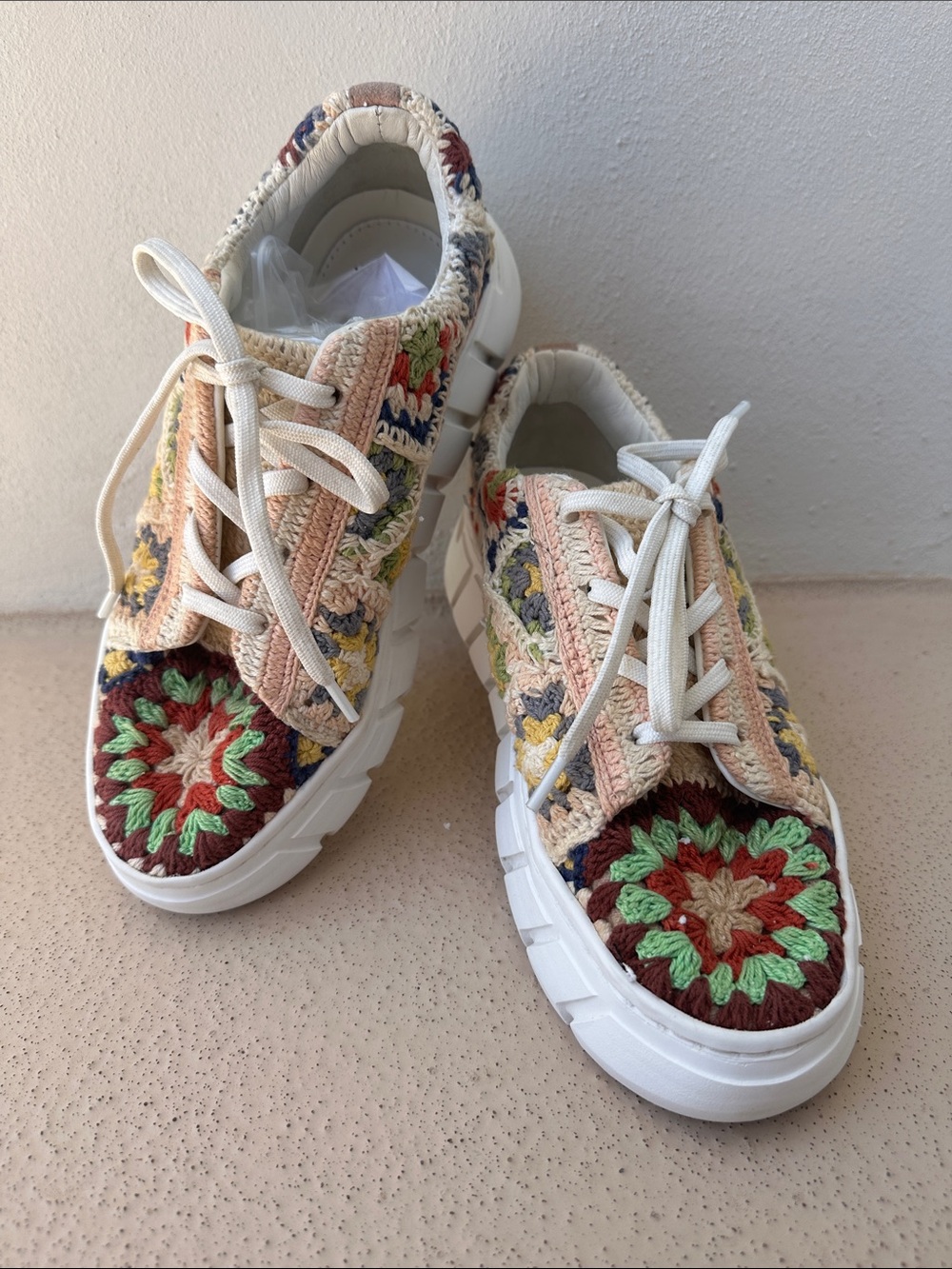 Free People Bohemian  Multicolor Crochet Lace-Up Sneakers - Picture 3 of 8